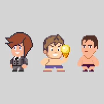 Set of pixel men characters in art style Stock Illustration
