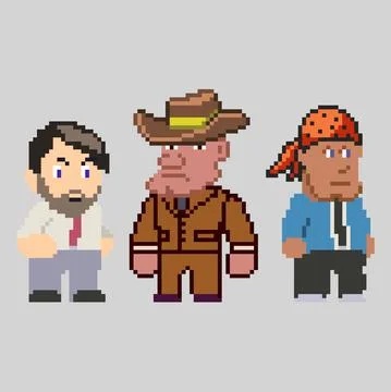 Set of pixel men characters in art style Stock Illustration