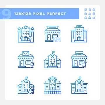 Set of pixel perfect blue gradient building icons Ilustração Stock