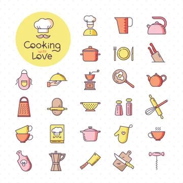 Set of pixel-perfect colorful kitchen icons, isolated on the white background. Stock Illustration