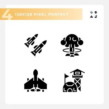 Set of pixel perfect glyph style weapons icons Stock Illustration