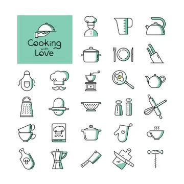 Set of pixel-perfect two colors kitchen icons in the line style isolated on the Stock Illustration