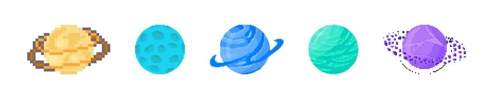 Set of pixel planets for game. Vector spheres in retro pixel art style Stock Illustration