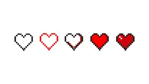 Set of pixel red hearts, pixel life level, game progress indicators Stock Illustration