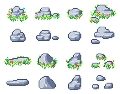 Set of pixel rocks with grass and flowers Stock Illustration