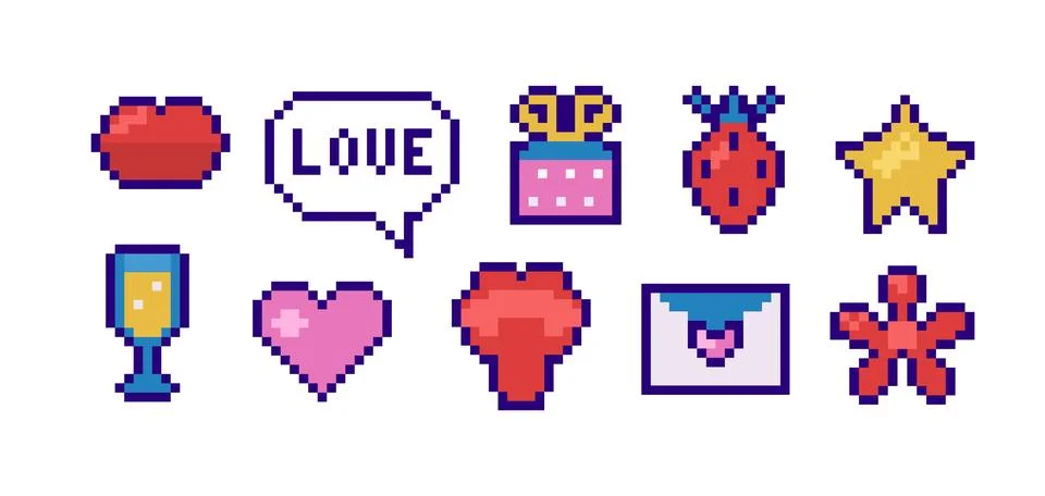 Set of pixel romantic elements.Modern trendy Y2K design , geometric figures.. Stock Illustration
