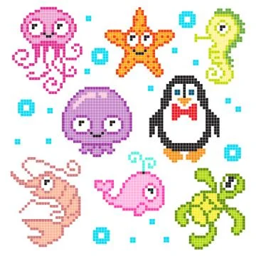 Set pixel sea animals Stock Illustration