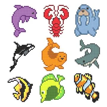 Set pixel sea animals Stock Illustration