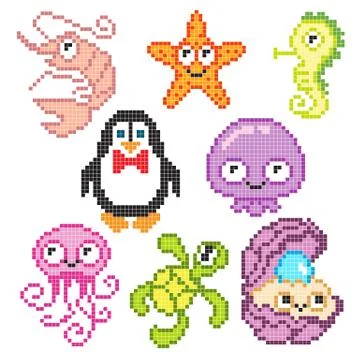 Set pixel sea animals Stock Illustration