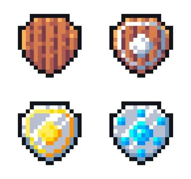 Set of pixel shields for game assets: wooden, gold and diamond shields. Stock Illustration