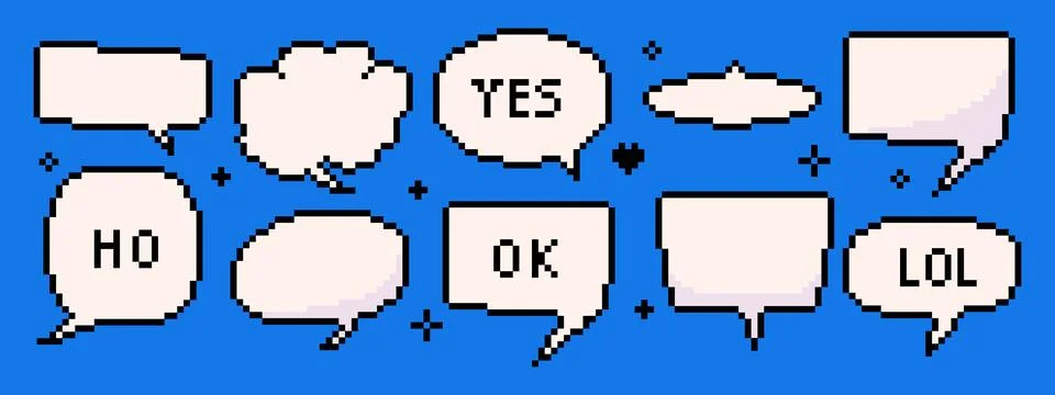 Set of pixel speech bubbles. 8-bit style chat boxes, playful dialog frames .. 스톡 일러스트
