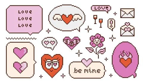 Set of pixel speech bubbles with messages, heart with wings, fire, flower 스톡 일러스트