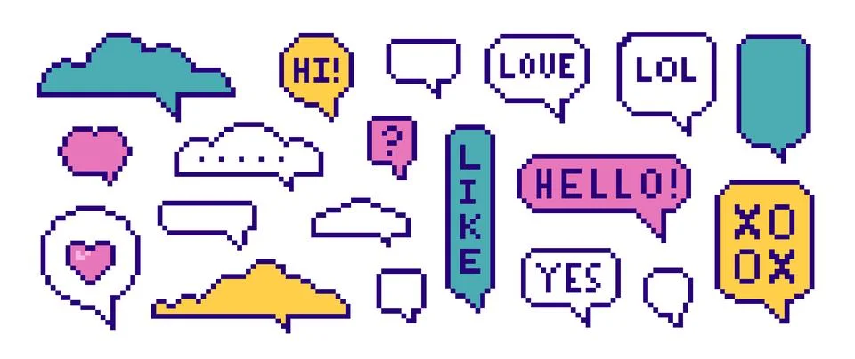 Set of pixel speech bubbles, text frames of different shapes, dialog boxes... 스톡 일러스트