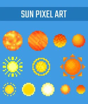 Set of pixel sun on blue background Stock Illustration