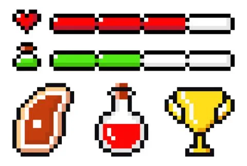 Set of pixel symbols, elements for pixel mobile game, videogame, 80s style, 8bit Stock Illustration