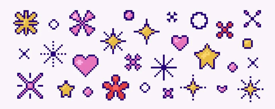 Set of pixelated design elements: stars, hearts, flowers, circles. Various sh Stock Illustration