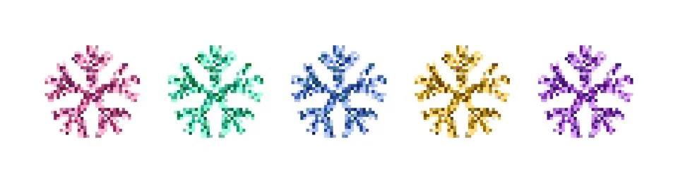 Set of pixelated snowflakes, blurred focus. Modern Y2K fashion design, geomet Stock Illustration