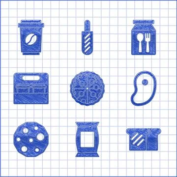 Set Pizza, Bag or packet potato chips, Bread toast, Steak meat, Cookie biscuit Stock Illustration