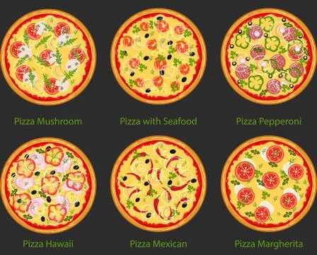 Set of pizza with different ingredients. Vector flat pizza on black backgroun Stock Illustration