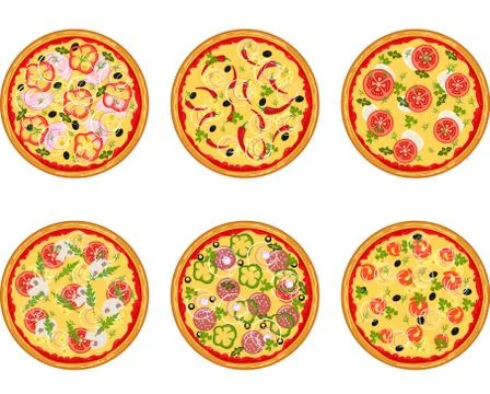 Set of pizza with different ingredients. Vector flat pizza on white backgroun Stock Illustration