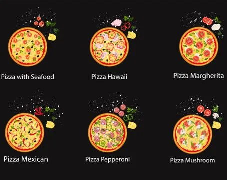 Set of pizza with different ingredients. Vector flat pizza on black backgroun Stock Illustration