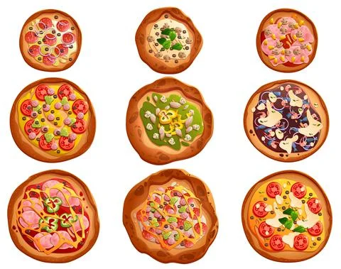 Set of pizza with different toppings on round base Stock Illustration