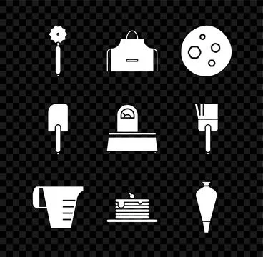 Set Pizza knife, Kitchen apron, Cookie or biscuit with chocolate, Measuring cup Stock Illustration