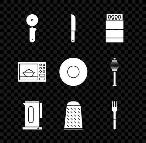 Set Pizza knife, Knife, Open matchbox and matches, Kettle with handle, Grater Illustration
