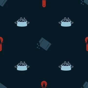 Set Pizza knife, Packet of pepper and Cooking pot on seamless pattern. Vector Stock Illustration