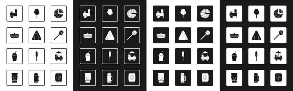 Set Pizza, Onigiri, Stack of pancakes, Fast street food cart, Lollipop, Cotton Stock Illustration