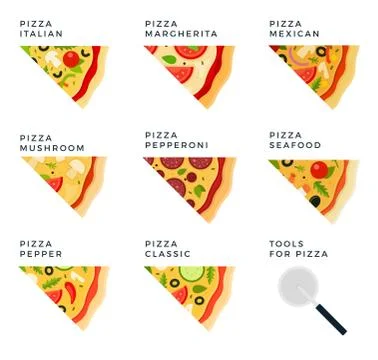 Set of pizzas with different ingredients. Tools for pizza. Vector flat Stock Illustration