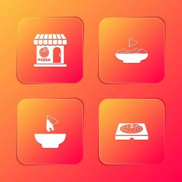 Set Pizzeria building facade, Nachos plate,  and Pizza cardboard box icon. Ve Ilustración de archivo