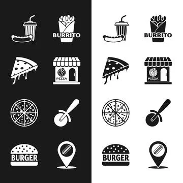 Set Pizzeria building facade, Slice of pizza, Soda and hotdog, Burrito, Pizza Ilustración de archivo