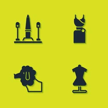 Set Place De La Concorde, Mannequin, Poodle dog and Woman dress icon. Vector Stock Illustration