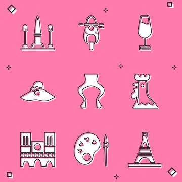Set Place De La Concorde, Scooter, Wine glass, Elegant women hat, Frog legs Stock-Illustration