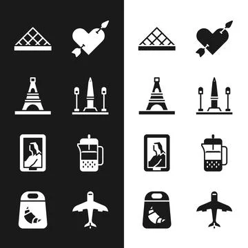 Set Place De La Concorde, Eiffel tower, Louvre museum, Amour with heart and Stock Illustration