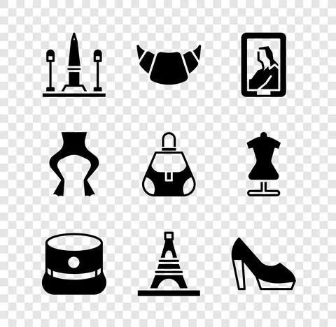 Set Place De La Concorde, Croissant, Portrait in museum, Kepi, Eiffel tower Stock Illustration