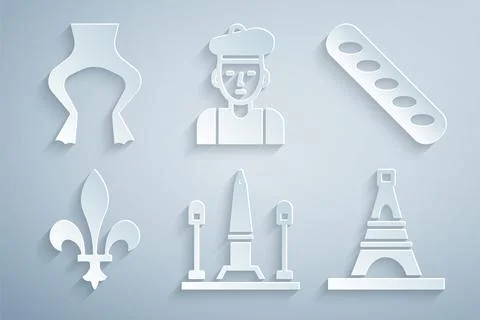 Set Place De La Concorde, French baguette bread, Fleur Lys, Eiffel tower, m.. Illustration