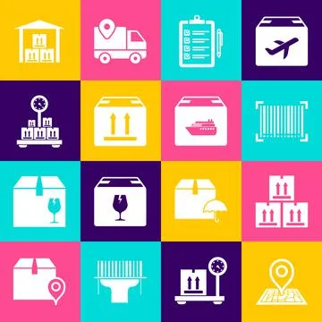 Set Placeholder on map, Cardboard box with traffic, Barcode, Verification of Stock Illustration
