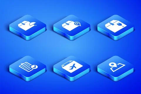 Set Placeholder on map, Delivery package with umbrella, Plane and cardboard box Illustrazione stock