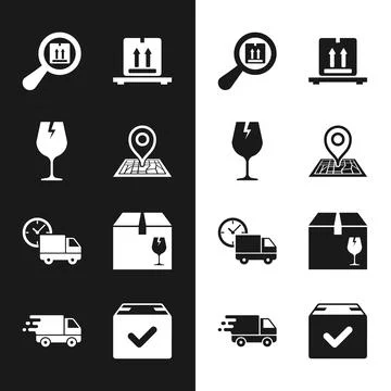 Set Placeholder on map, Fragile broken glass, Search package, Cardboard boxes Stock Illustration