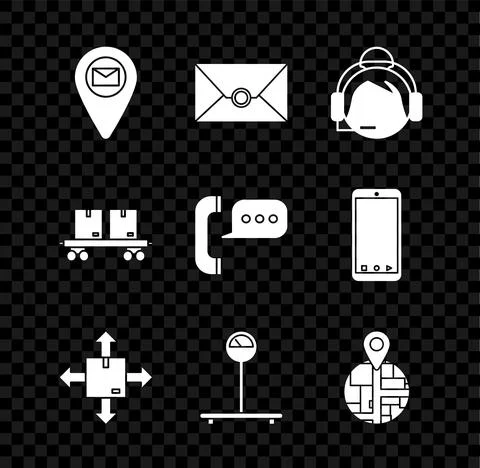 Set Placeholder on map paper, Envelope, Support operator in touch, Cardboard box Stock Illustration