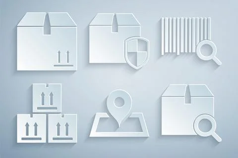 Set Placeholder on map, Search barcode, Cardboard box with traffic, package Stock-Illustration