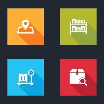 Set Placeholder on map, Warehouse, Scale with cardboard box and Search packag Stock Illustration