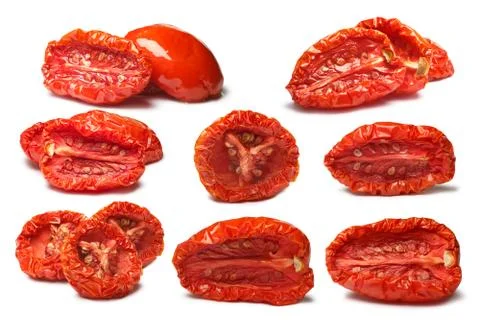 Set of plain and oiled sundried tomatoes, paths Stock Photos
