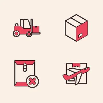 Set Plane and cardboard box, Forklift truck, Carton and Delete envelope icon. イラスト素材