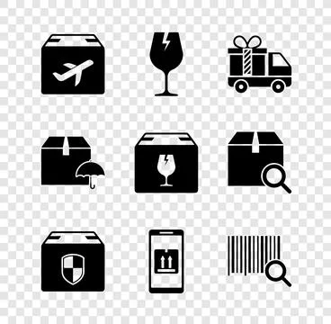 Set Plane and cardboard box, Fragile broken glass, Delivery truck with gift.. Stock Illustration
