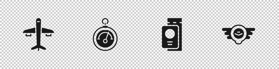 Set Plane, Barometer, Passport with ticket and Aviation emblem icon. Vector Stock Illustration