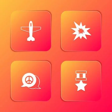 Set Plane, Bomb explosion, Peace and Military reward medal icon. Vector 스톡 일러스트