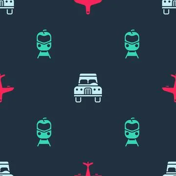 Set Plane, Car and Train and railway on seamless pattern. Vector Stockillustratie